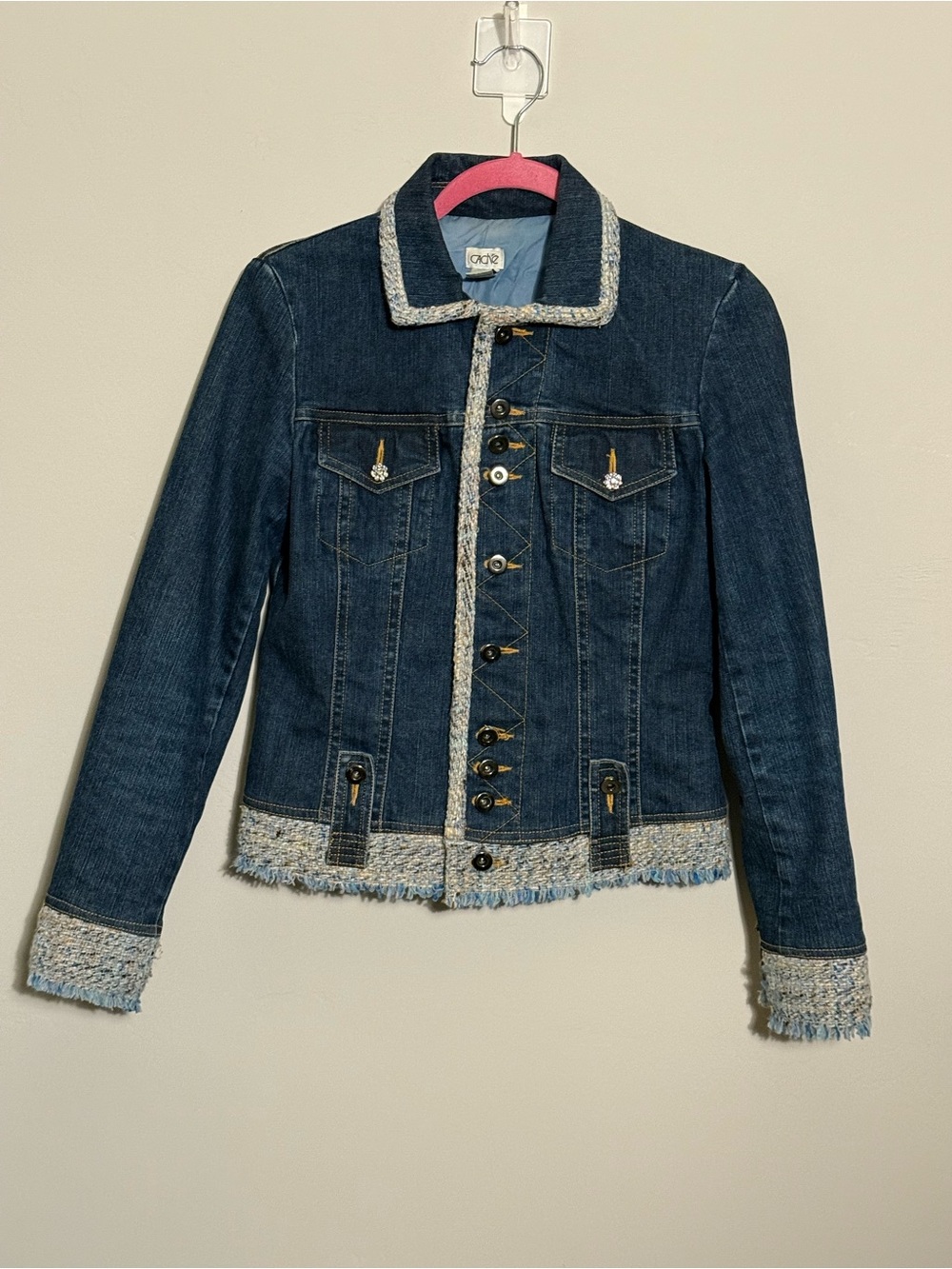 Y2K Bratzcore denim jean jacket with tweed embellishments - vintage